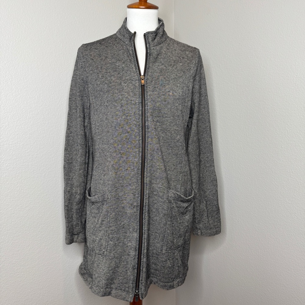 EILEEN FISHER Full 2 Way Zip Long Jacket SM Hemp Cotton Black Cream Micro Stripe